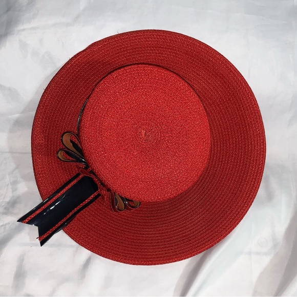 VINTAGE red straw/silk Delia hat SAINT LAURENT PARIS patent leather & silk trim - Picture 8 of 14